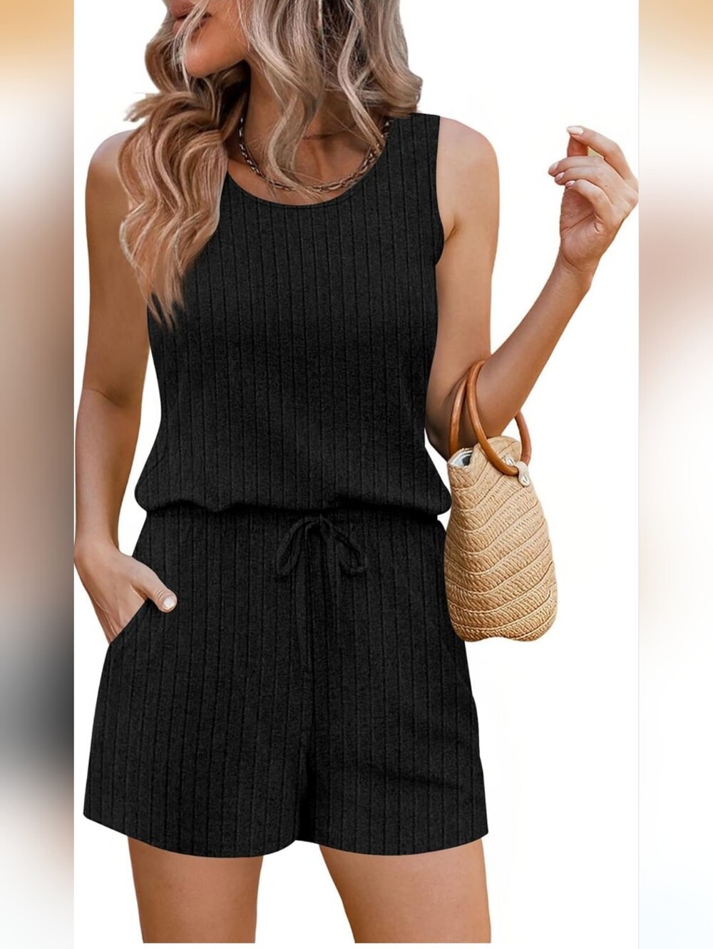 Romper Sleeveless Scoop Neck Ribbed M Black NWT